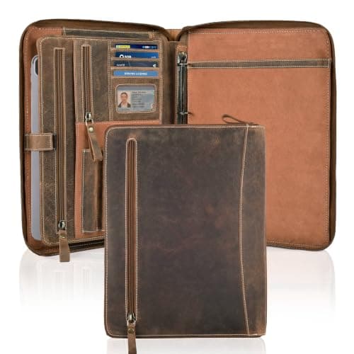 LEATHER VILLAGE Full-Grain Leather 4-Ring Binder Portfolio (Rustic Brown)