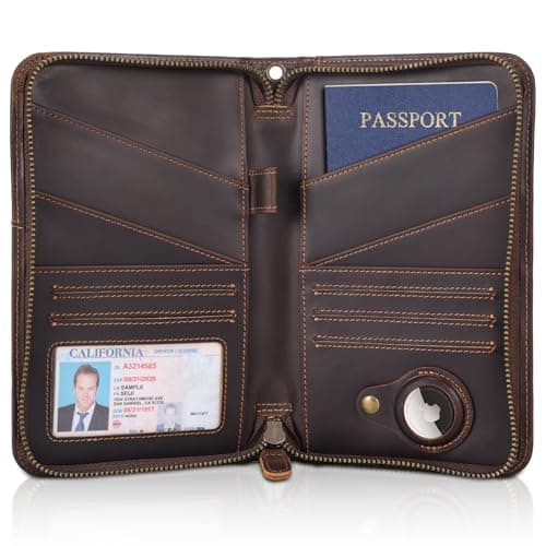 Polare Full Grain Leather Family Travel Wallet, Holds 6 Passports (Dark Brown with AirTag Slot)