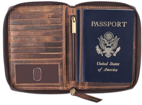 F&L Classic Full Grain Leather Zip-Around Passport Wallet (500-30, Distressed Brown)