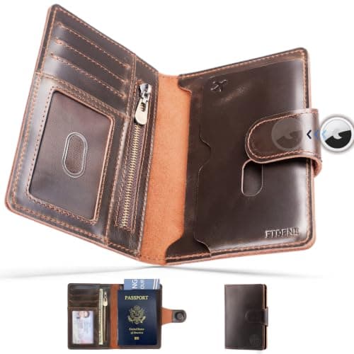 FTDENE Full-Grain Leather Passport Wallet with AirTag Slot (Antique Brown)